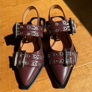 Ganni Burgundy Buckle Ballerinas